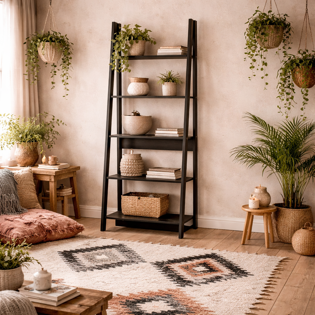 Athy Black Wooden Ladder Bookcase 5 Shelves