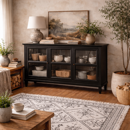 Honley Black Wood 3 Glass Door Sideboard