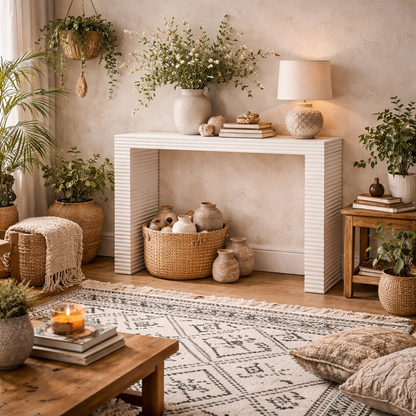 Kinnegad White Wooden Console Table Etched Legs