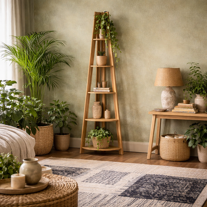 Athy Brown Oak Wooden Corner Ladder Shelving Unit 4 Shelves