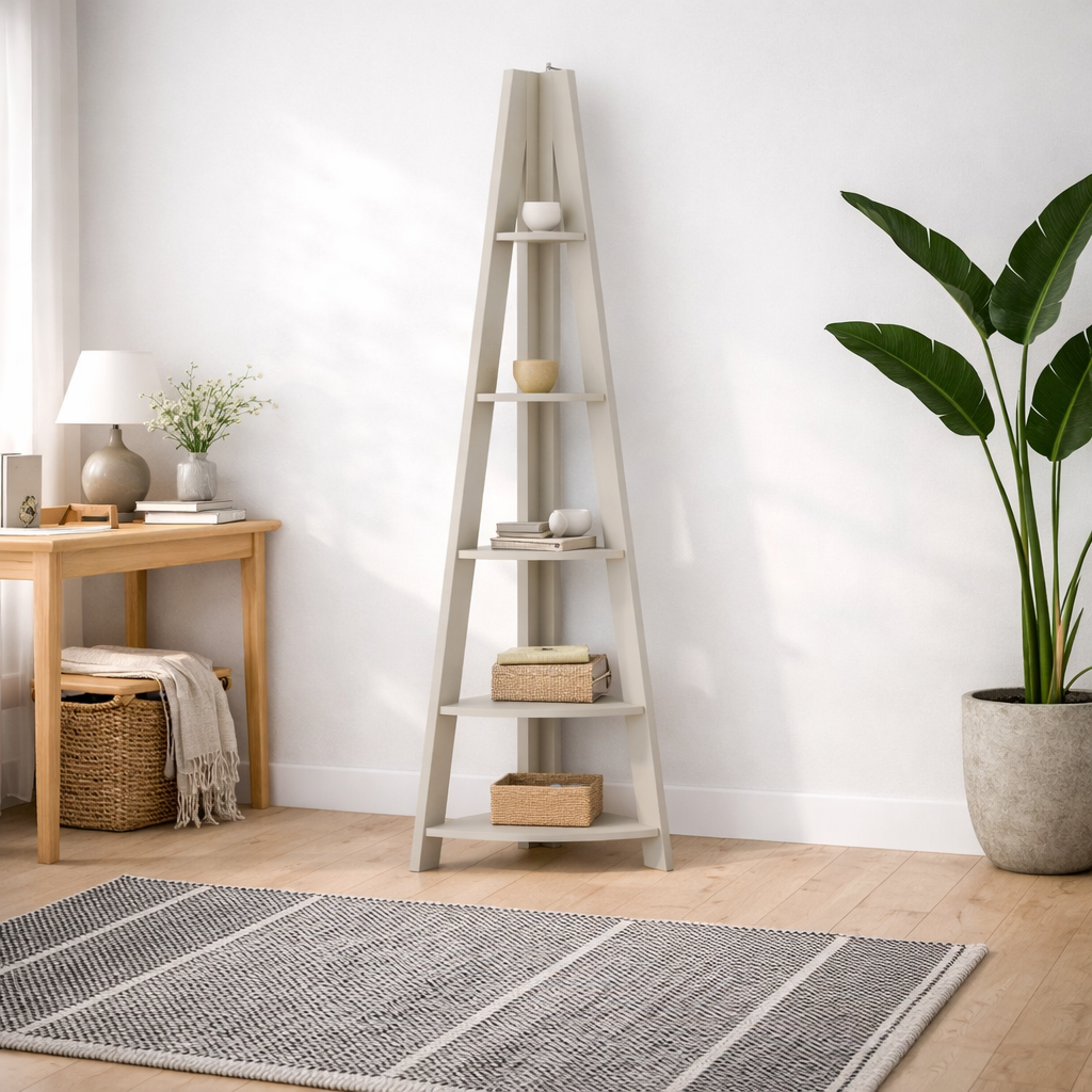 Athy Grey Wooden Corner Ladder Shelving Unit 4 Shelves