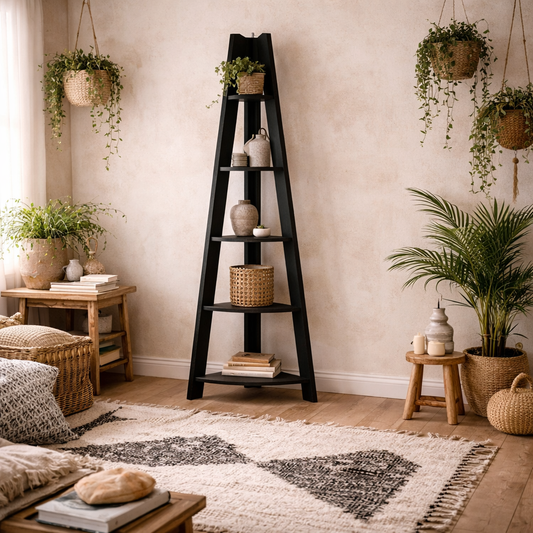 Athy Black Wooden Corner Ladder Shelving 5 Shelves