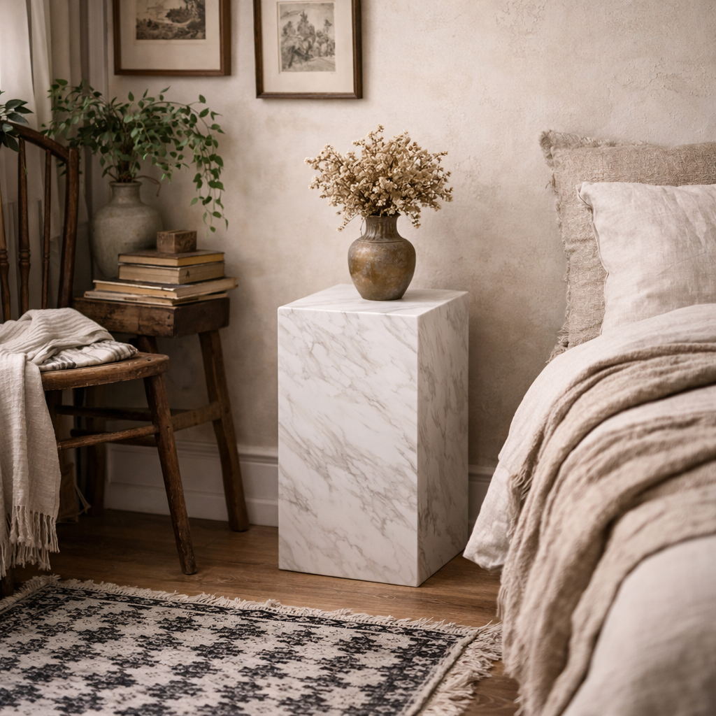 Dingle White Marble Effect Small Pedestal Side table