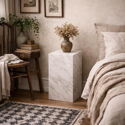 Dingle White Marble Effect Small Pedestal Side table