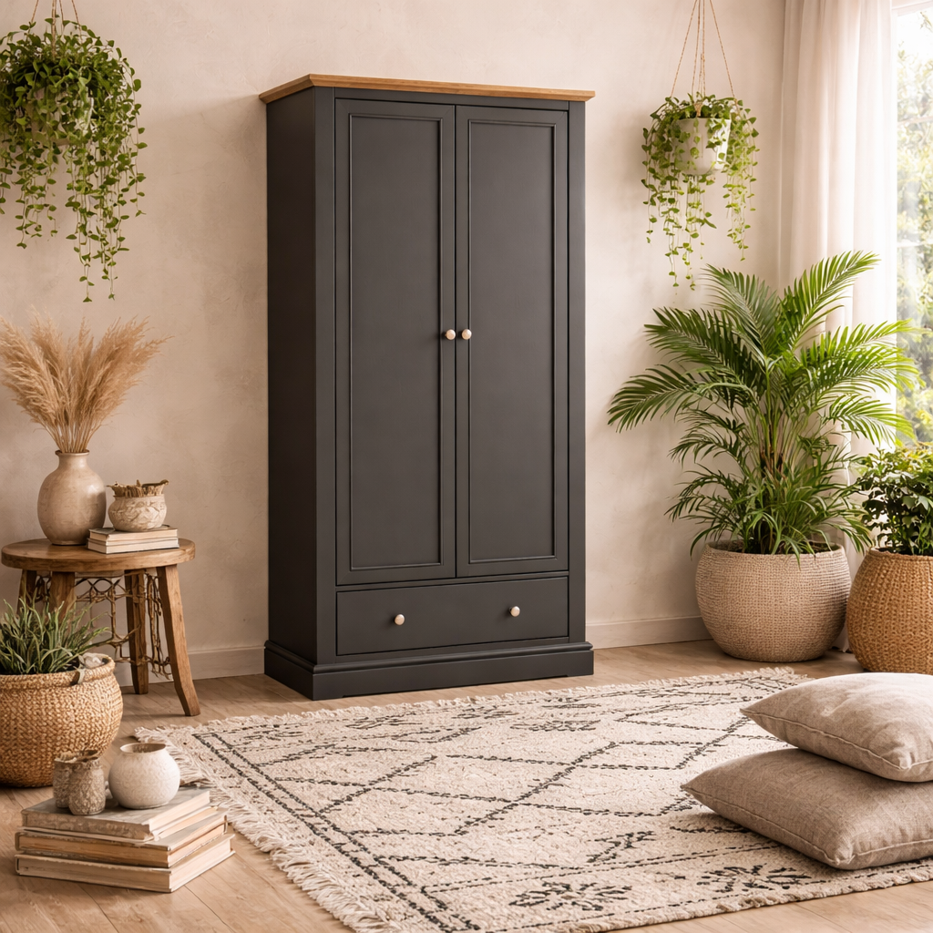 Ardee Dark Grey and Natural Oak Wooden Wardrobe 2 Doors 1 Drawers
