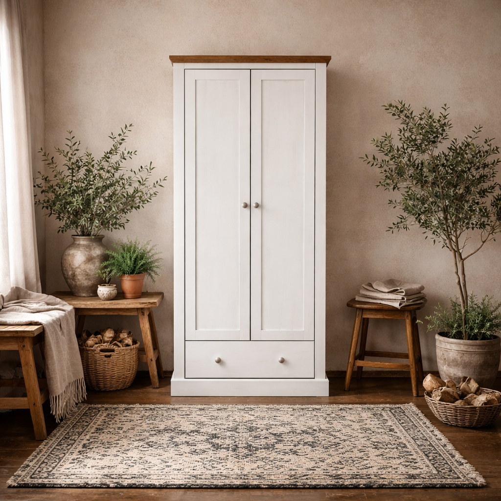 Ardee White and Natural Oak Wooden Wardrobe 2 Doors 1 Drawers