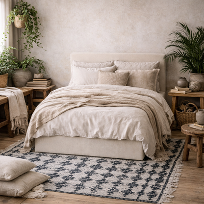 Portarlington Upholstered Ivory Twill 4ft6 Double Size Bed with Headboard