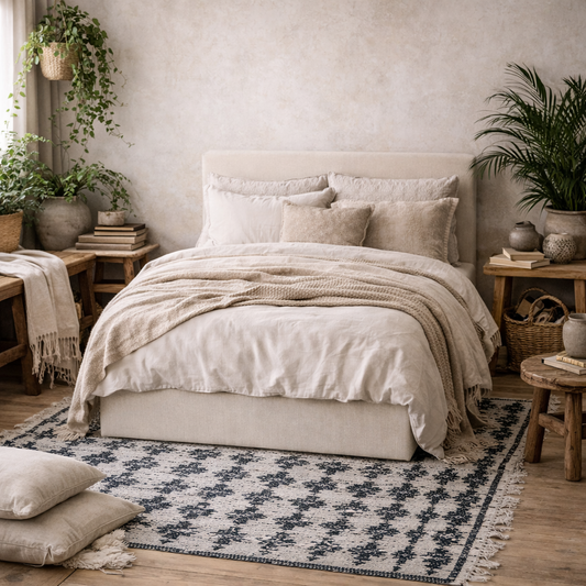 Portarlington Upholstered Ivory Twill 4ft6 Double Size Bed with Headboard