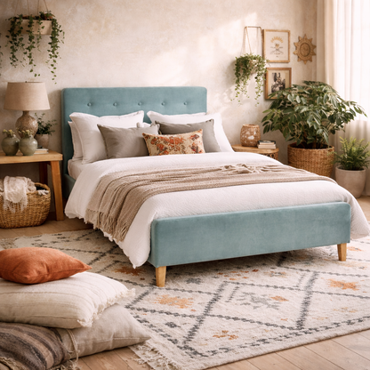 Kinsale Soft Aqua Blue 5ft King Size Bed Tufted Velvet Headboard and Footboard
