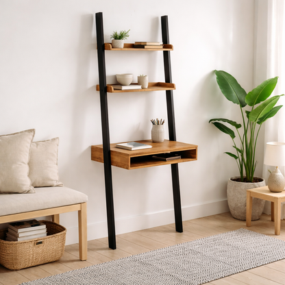 Dundalk Ladder Desk 2 Shelves Natural Oak Wood and Black Metal