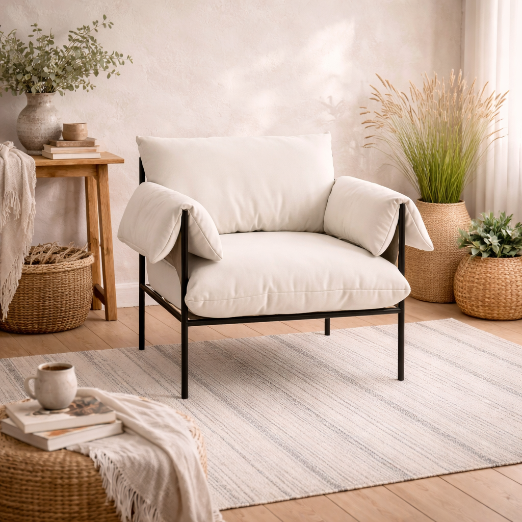 Wardour Minimalist White Houseweave  Armchair Black Metal Legs