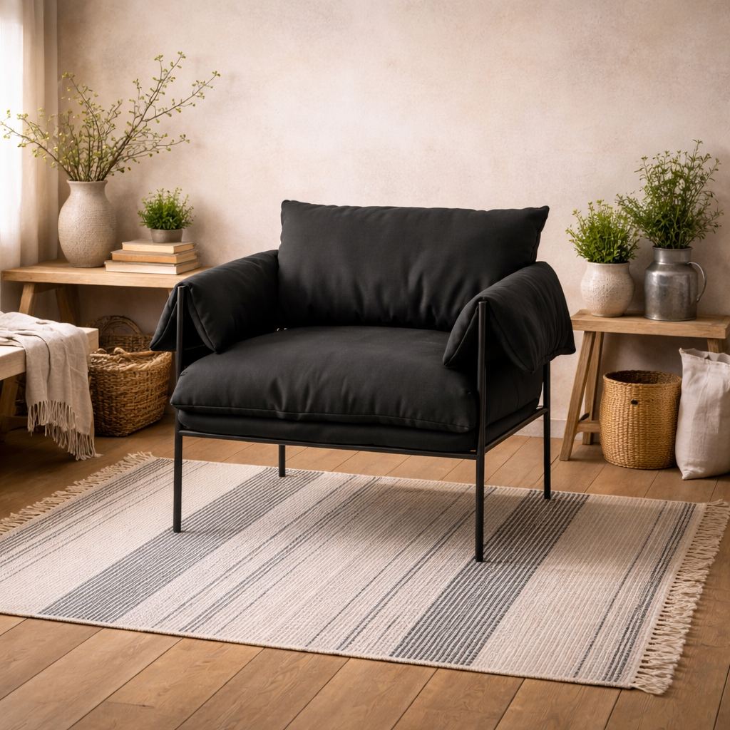 Wardour Minimalist Black Houseweave  Armchair Metal Legs
