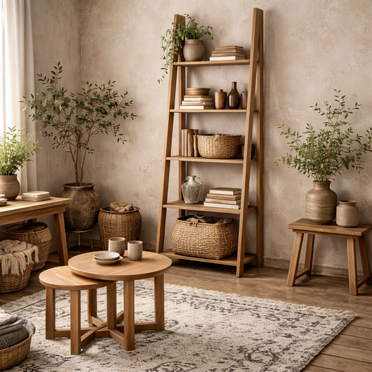 Athy Brown Oak Wooden Ladder Bookcase 5 Shelves