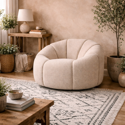 Juniper Retro Upholstered Cream Boucle Swivel Armchair