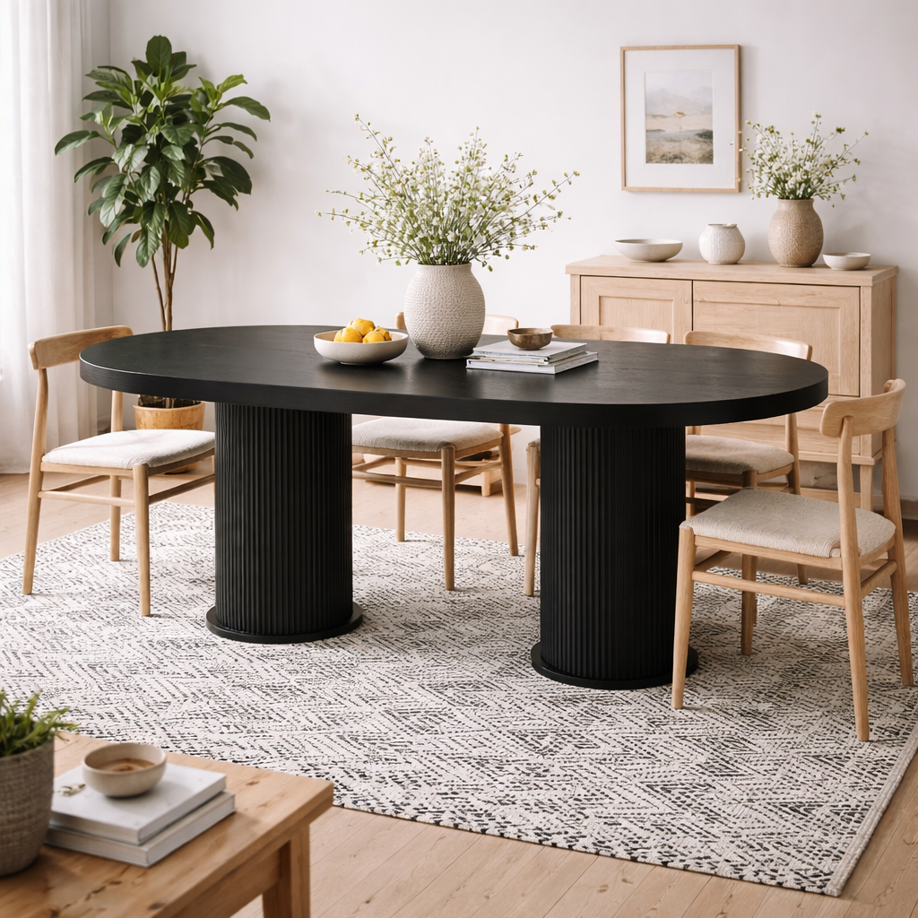 Kanturk Black Wooden Dining Table Pedestal Ribbed Legs
