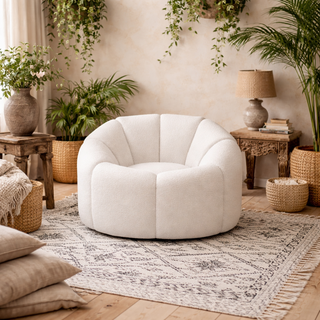 Juniper Retro Upholstered Ivory Boucle Swivel Armchair