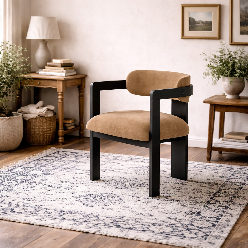 Thurles Upholstered Cream Velvet and Black Wood Dining Chair