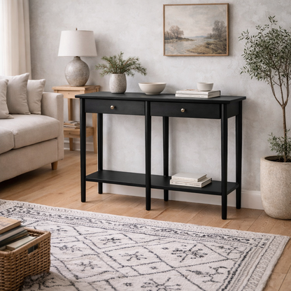 Newbridge Black Wooden Console Table 2 Drawers Bottom Shelf