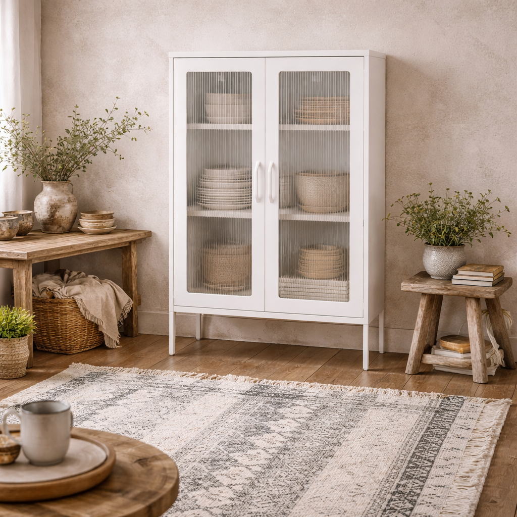 Bramblewood White Metal Steel Cabinet 2 Glass Door 3 Shelves