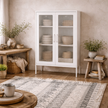 Bramblewood White Metal Steel Cabinet 2 Glass Door 3 Shelves