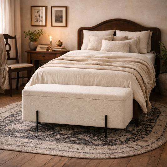 Elowen Rectangle Storage Ottoman Bench Ivory Boucle Black Metal Legs