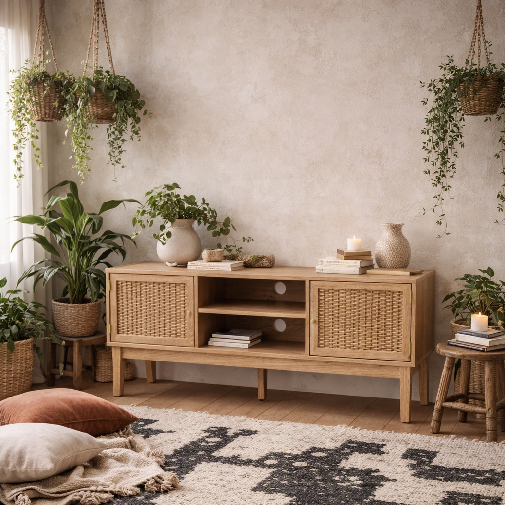 Waterford Oak Wood and Rattan TV Unit 2 Doors