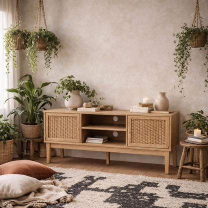 Waterford Oak Wood and Rattan TV Unit 2 Doors