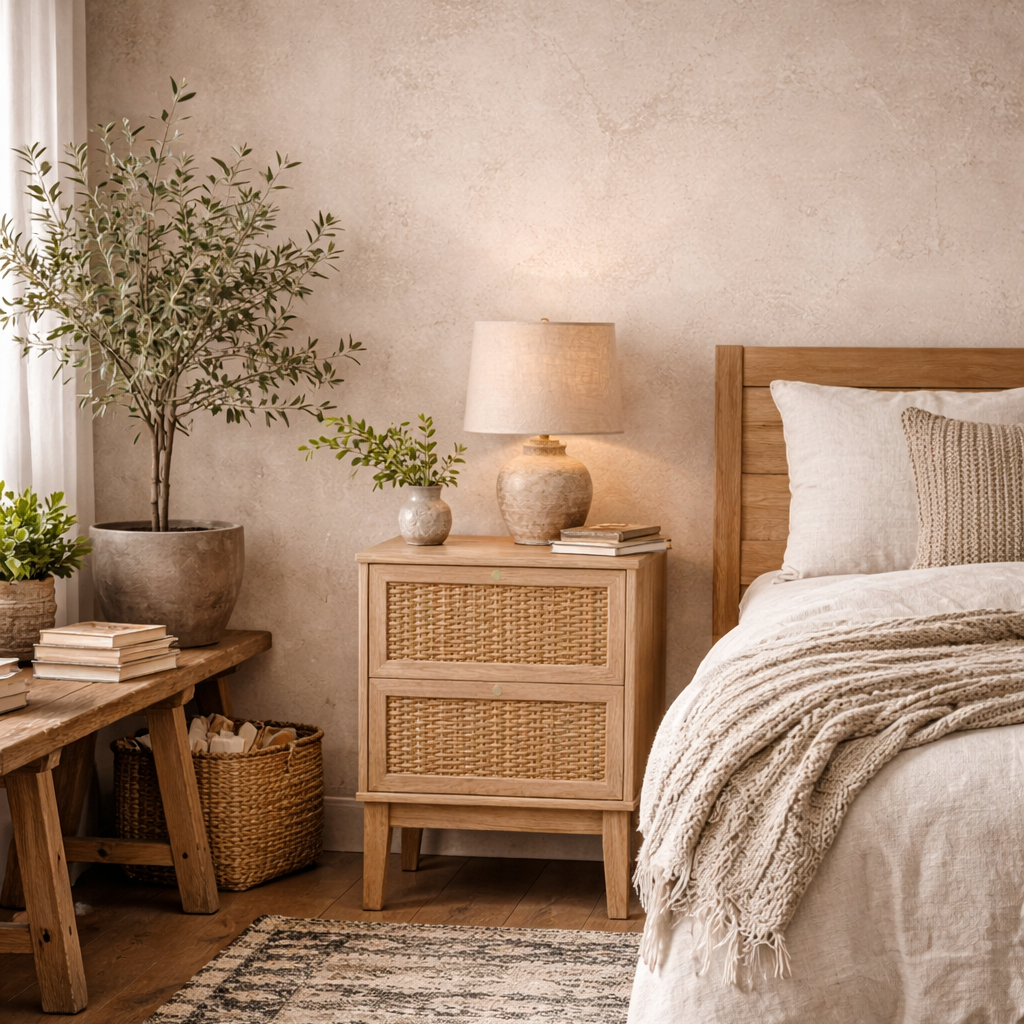 Waterford Oak Wood and Rattan Bedside Cabinet 2 Doors