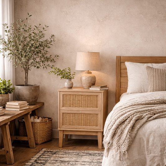 Waterford Oak Wood and Rattan Bedside Cabinet 2 Doors