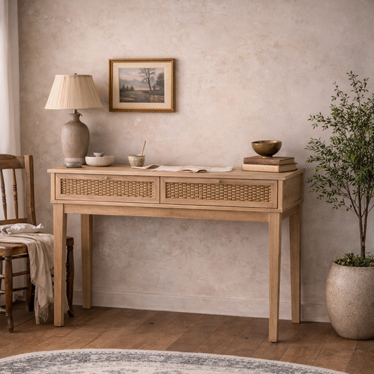 Waterford Oak Wood and Rattan Desk Table 2 Drawers