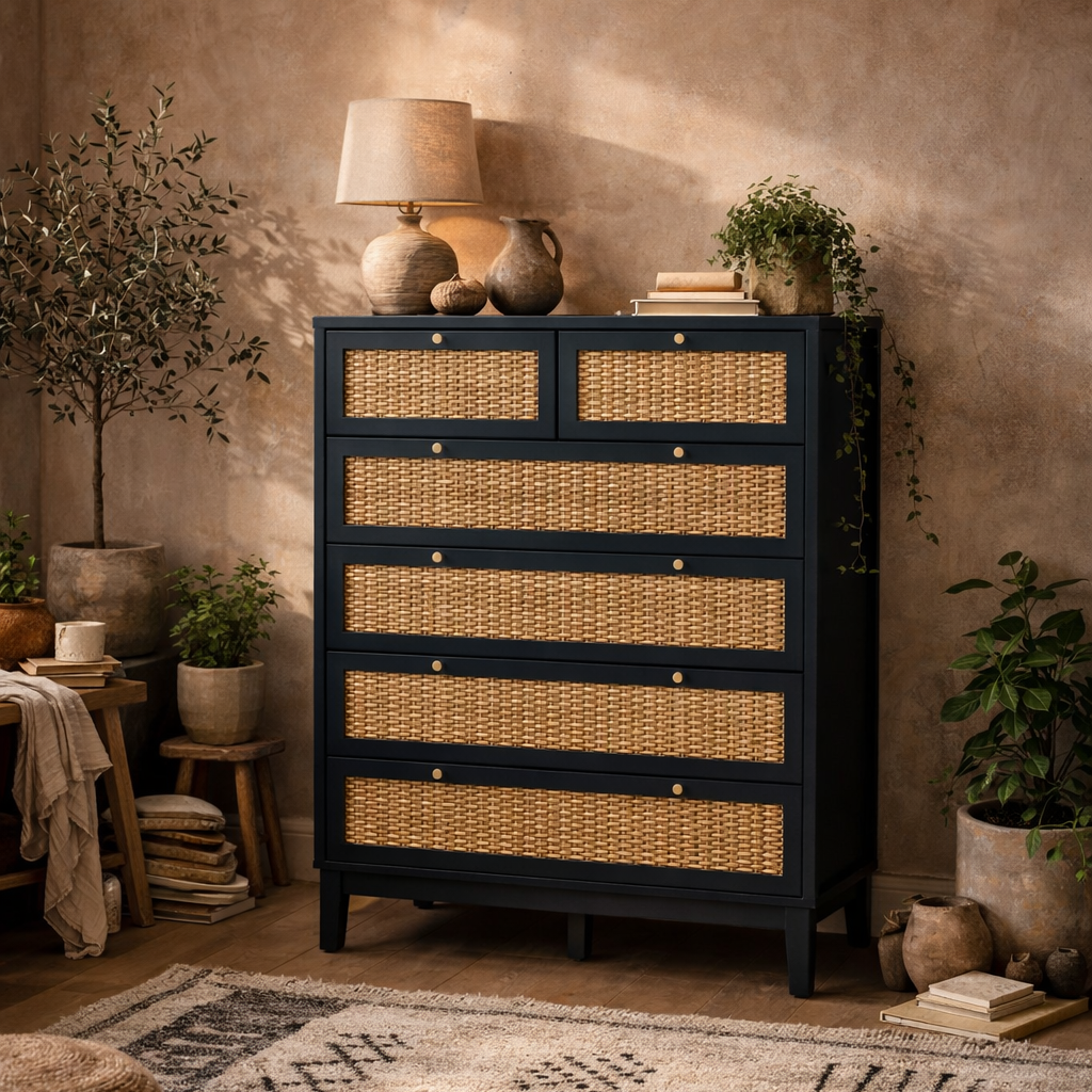 Waterford Blue Oak and Rattan Chest Of 6 Drawers