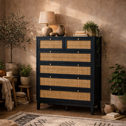 Waterford Blue Oak and Rattan Chest Of 6 Drawers