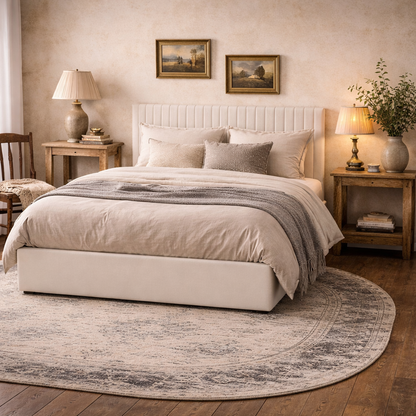 Dublin Cream Upholstered 5ft King Size Ottoman Bed with Tall Ribbed Headboard