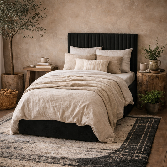 Dublin Black Upholstered Ottoman 3ft Single Bed with Tall  Ribbed Headboard