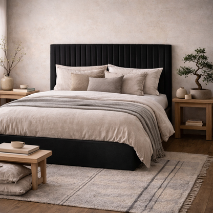 Dublin Black Upholstered 6ft Super King Size Ottoman Bed Tall Ribbed Headboard