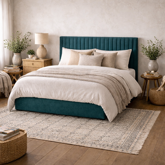Dublin Teal Uphostered Blue 5ft King Size Ottoman Bed with Ribbed Headboard