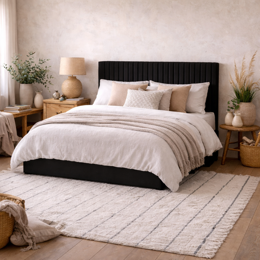 Dublin Black Upholstered 5ft King Size Ottoman Bed Tall Ribbed Headboard