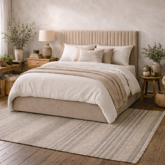 Dublin Taupe Upholstered 5ft King Size Ottoman Bed with Tall Ribbed Headboard