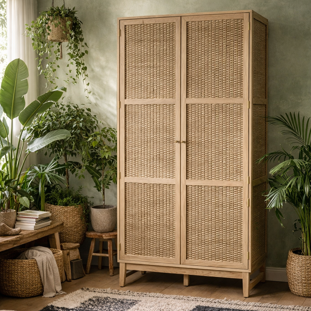 Waterford Oak Wood and Rattan 2 Door Wardrobe