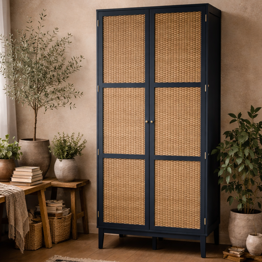 Waterford Blue Oak Wood and Rattan 2 Door Wardrobe