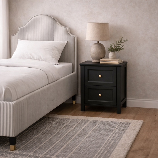 Tulle Panelled Black Wood Bedside Table 2 Drawers