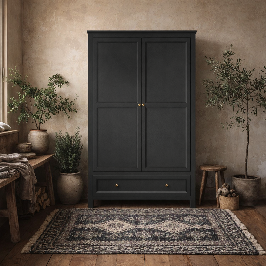 Tulle Panelled Black Wood 2 Door Wardrobe 1 Drawer
