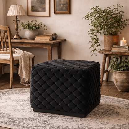 Parker Small Black Diamond Tufted Square Pouffe