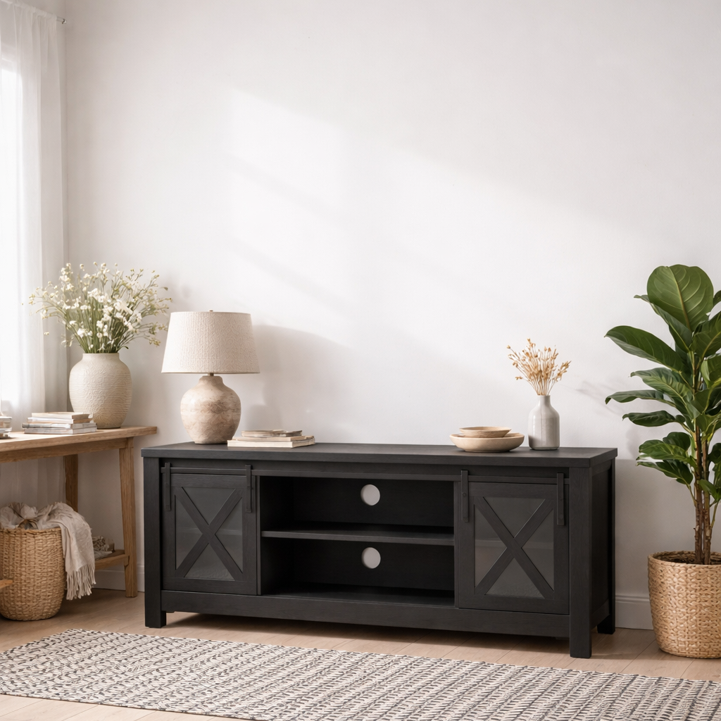 Denmark Black Wood and Glass TV Media Unit 2 Doors