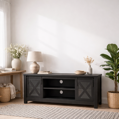 Denmark Black Wood and Glass TV Media Unit 2 Doors