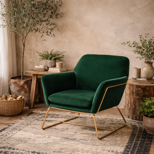 Marseille Forest Green Velvet Upholstered Armchair Gold Metal Legs