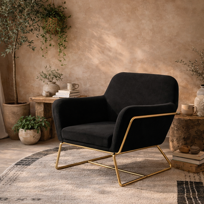 Marseille Black Velvet Upholstered Armchair Gold Metal Legs