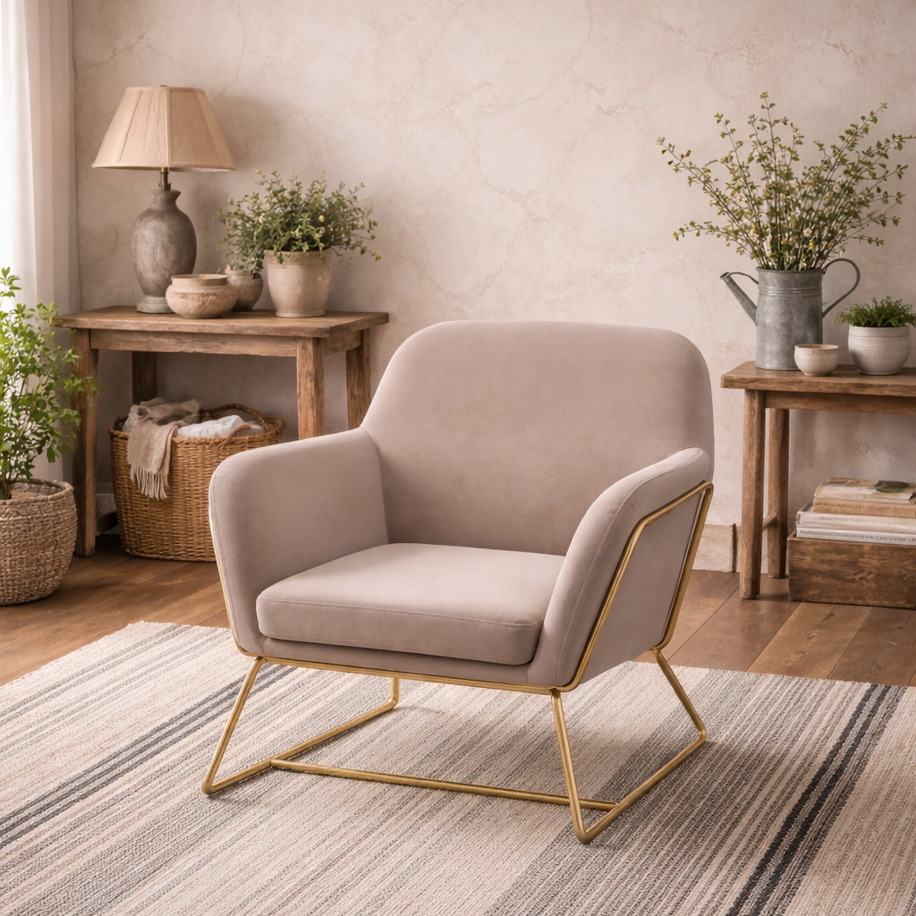 Marseille Beige Velvet Upholstered Armchair Gold Metal Legs