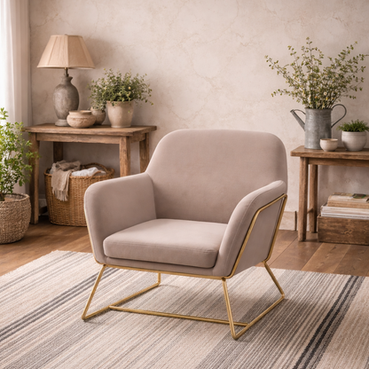 Marseille Beige Velvet Upholstered Armchair Gold Metal Legs