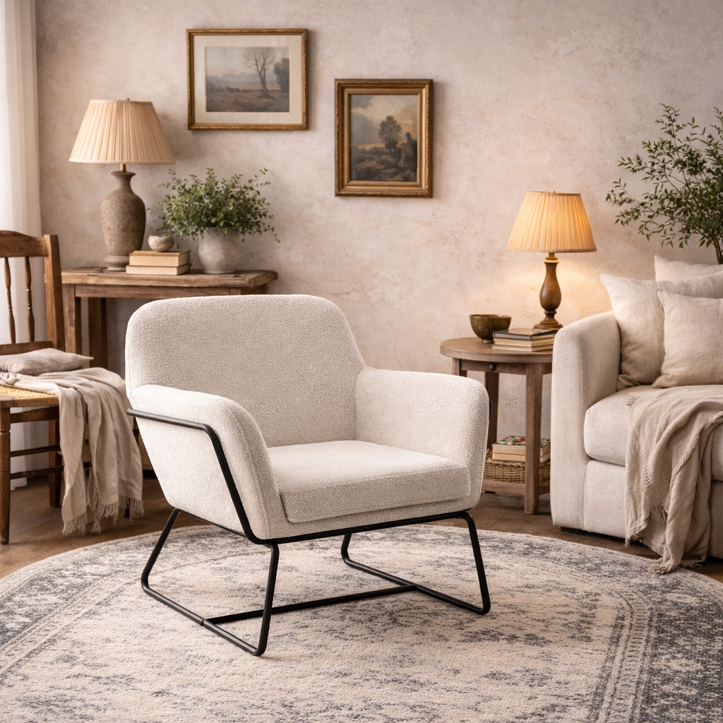 Marseille Ivory Boucle Upholstered Armchair Gold Metal Legs